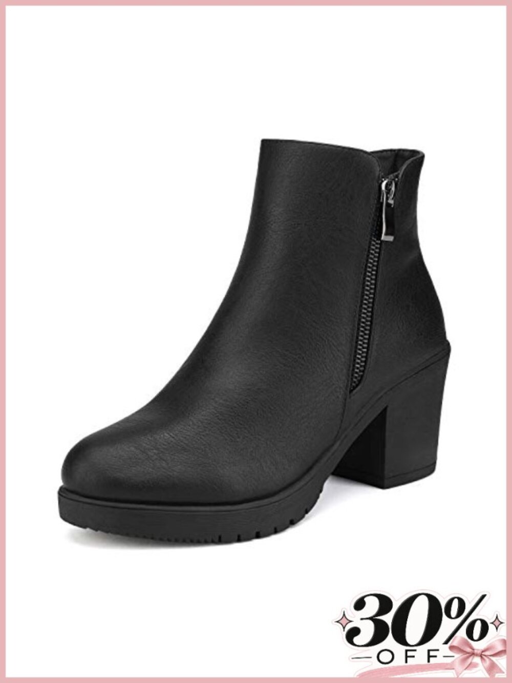 Women's Chunky Heel Platform Ankle Boots Vegan Leather Side Zip